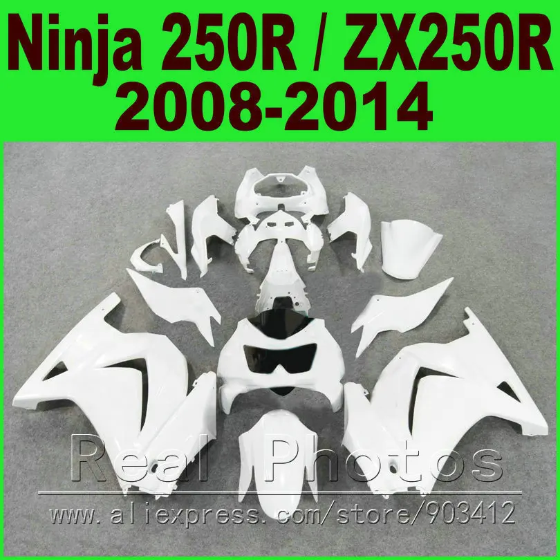 Полностью белый комплект обтекателей для Kawasaki Ninja 250r 2008 - 2014 EX250 2009 2010 2011 2012 ZX250R