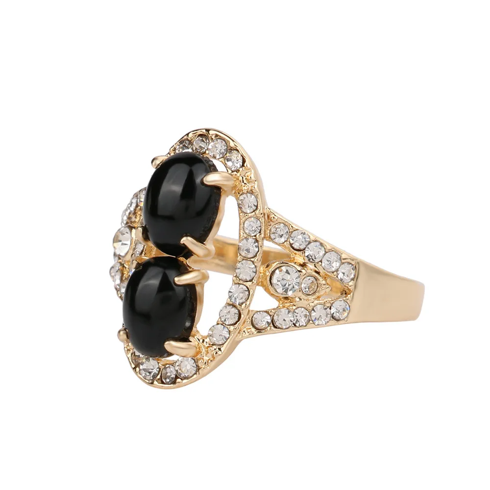 Turkish Jewelry Black beads Mosaic Rhinestone Wedding Gift Resin Ring Antique Gold-Color Rings For Women Bague Femme