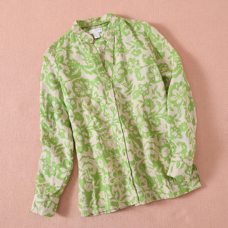 

Five Colors Two Ways Printed Ethnic Women Linen Blouse Big Size Shirt