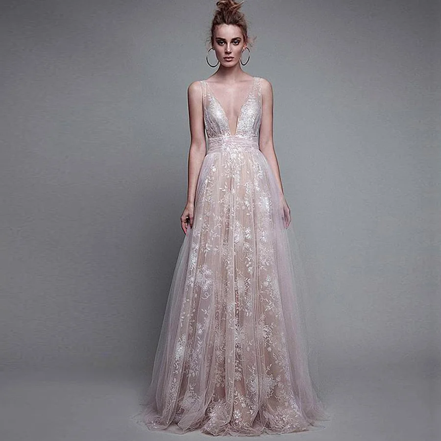 

Custom Made Deep V Neck Illusion Lace Evening Dresses Long Backless Women Evening Dress 2019 Robe De Soiree Formal Gowns