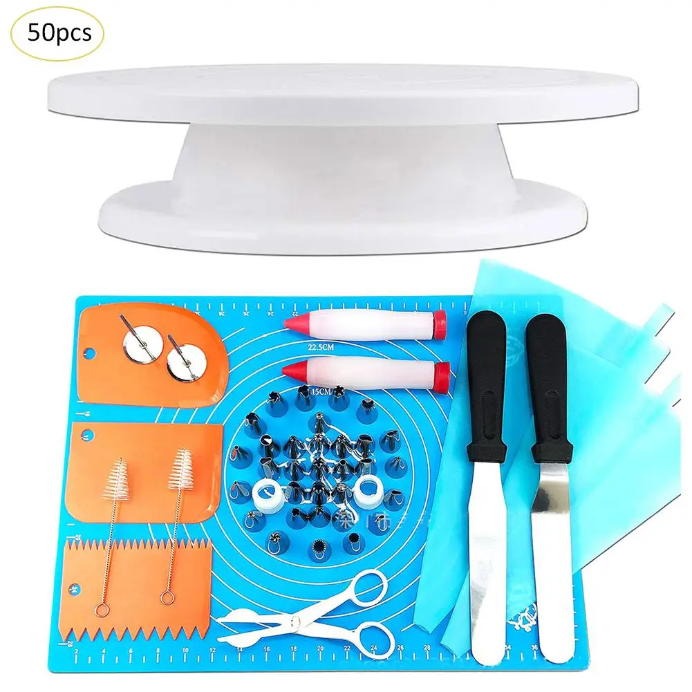 

50pcs Baking Cake Set Parts Mouth Turntable Cream Writing Pen Bag Spatula Scraper Flower Nail Scissors Cake Decorating Tools