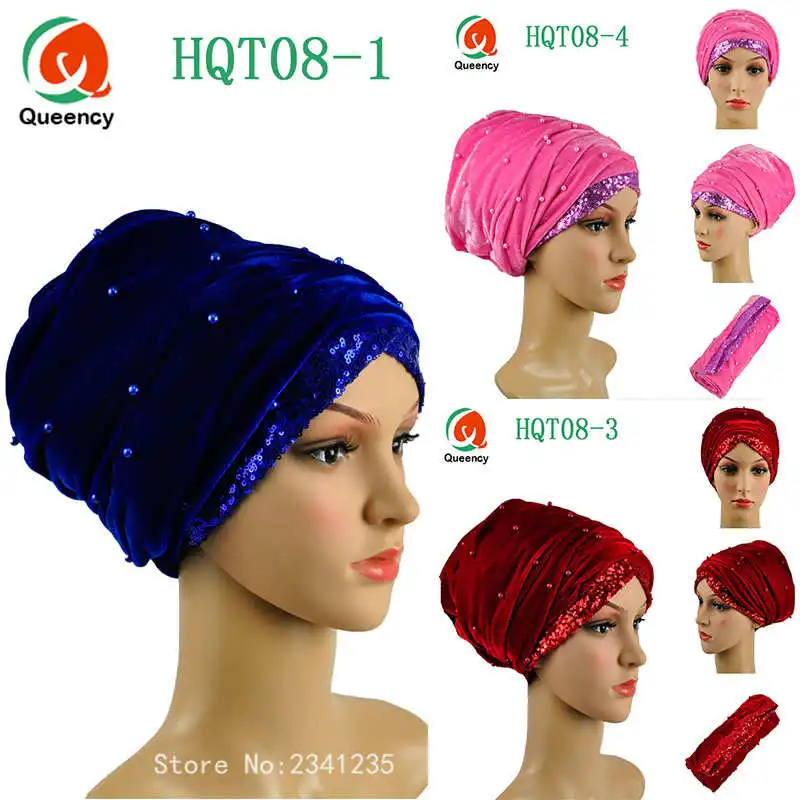 

High quality fashionable African turban gele headwrap soft African headtie lady turban sequins and beads african scraf for sale.