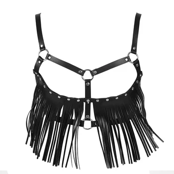 

Black Tassel Leather Harness Belt Sexy Fashion Hollow Out Adjust Punk Goth Body Bondage Festival Dance Halloween Rave for Women