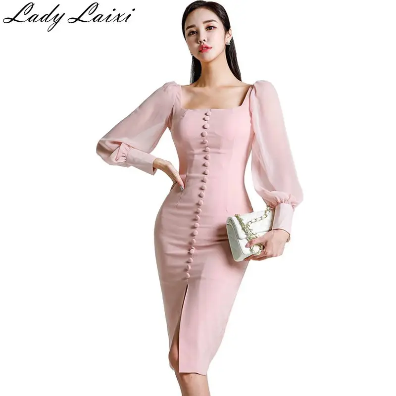 

2019 Spring New Fashion Women's Long Puff Sleeve Chiffon Stitching sheath Dress Evening Party Dresses split bodycon pencil dress