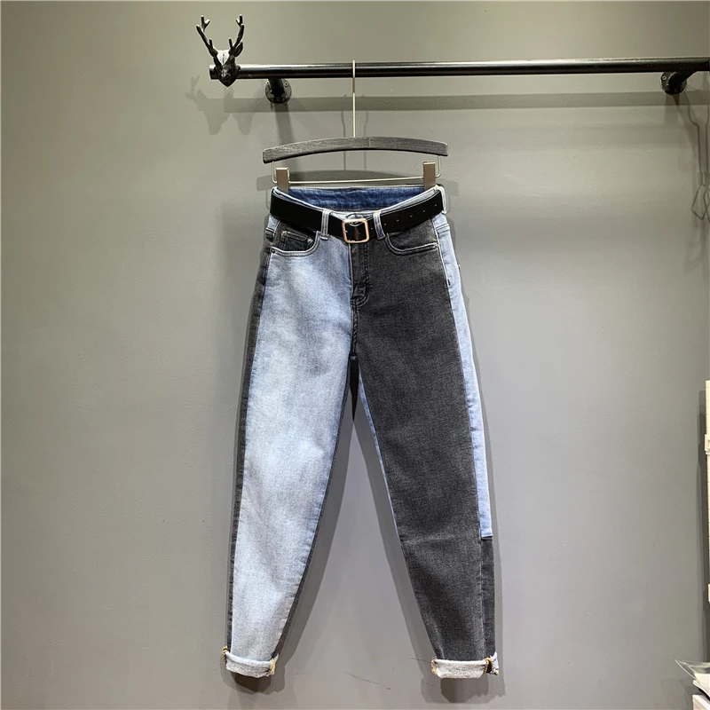 

2019 High Waist Jeans Straight Casual Full Length Cotton Zipper Fly Button Pockets Spliced Regular Spring Coated