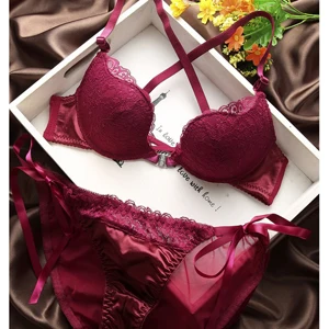 

hot selling !!2015 Front button young girl underwear set sexy W cup deep V-neck lace push up women's transparent bra set
