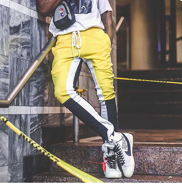 Длинные обтягивающие мужские спортивные штаны, облегающие Цветные Лоскутные Мужские штаны в стиле хип-хоп, полосатые штаны для бега, Уличная Повседневная одежда на молнии с карманом