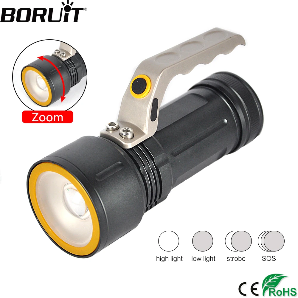 

BORUiT XML T6 LED Flashlight 4-Mod Zoomable Torch IPX6 Waterproof Portable Lantern Camping Fishing Lighting by 18650 Battery