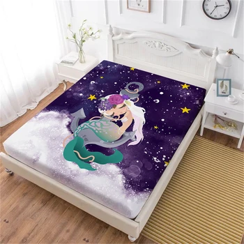 

Blue Ocean Wave Print Bed Sheet Cartoon Mermaid Fitted Sheet Anchor Flowers Print Bedclothes Mattress Cover Home Decor