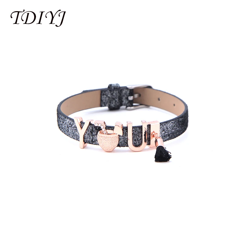 

TDIYJ Keeper Bracelet Set Personalized YOU Black Tassel Summer Beach Slide Charms DIY Black Genuine Leather Mesh Bracelet 1Set