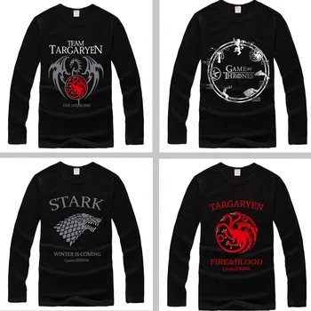 

The new US power game of Thrones ice and fire song Stark Tangerine family emblem cotton black long-sleeved T-shirt male cosplay