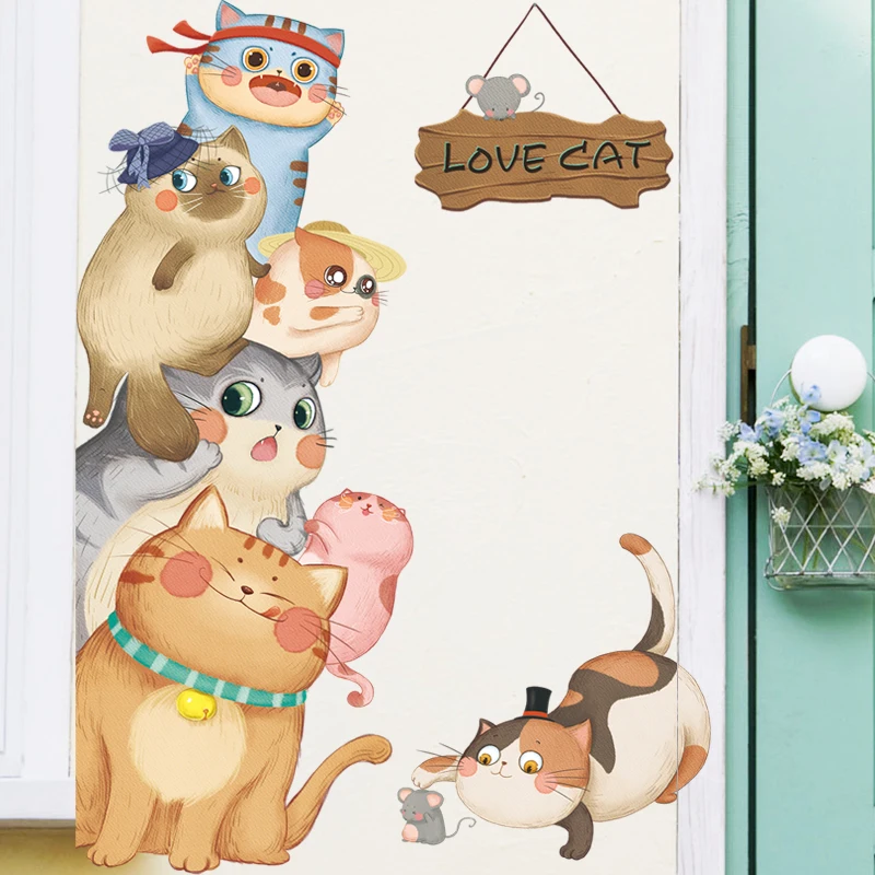 Милые кошки ловля мышь Наклейка на стену винил DIY животные двери Стикеры s для детской комнаты детский сад гостиная художественное украшение