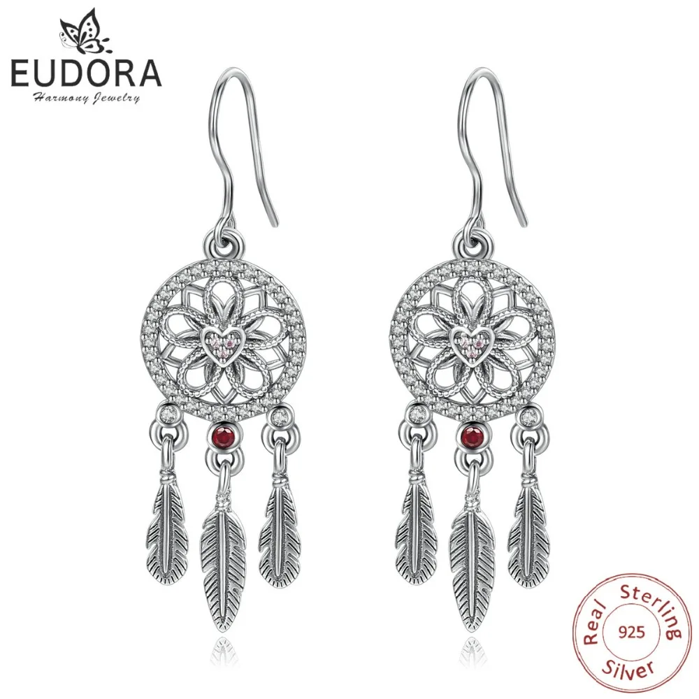 

EUDORA Unique Real 925 Sterling Silver Dream catcher Earring Romantic Feather Dangle Drop Earring Women Fine Jewelry Gift E81