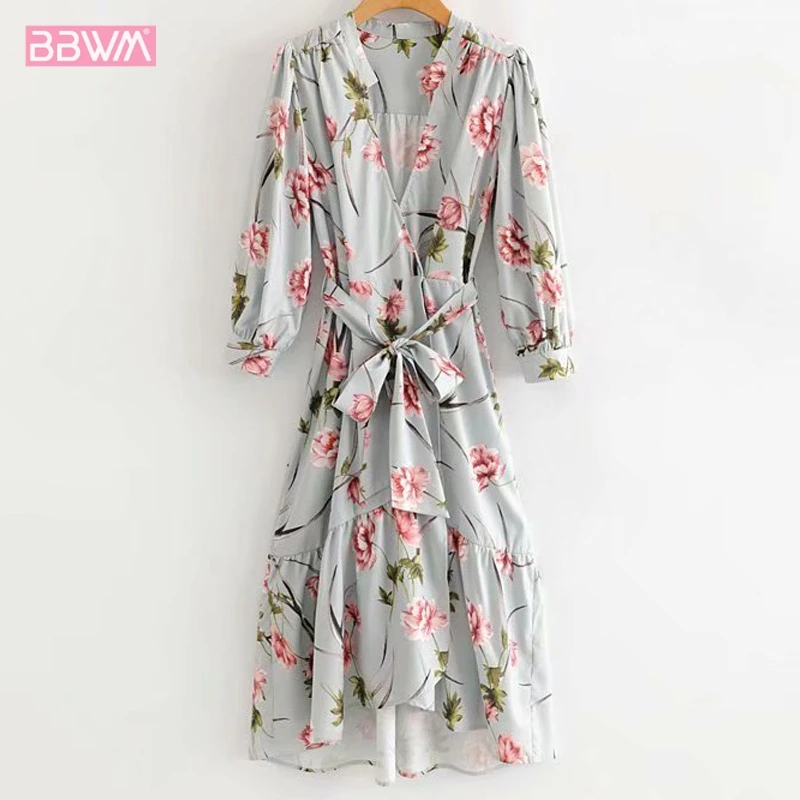 

V-neck Long Sleeve Printed Women's Dresses Belt Bow Waist Casual Holiday Female Dress 2019 Summer Long Sleeves Elegant