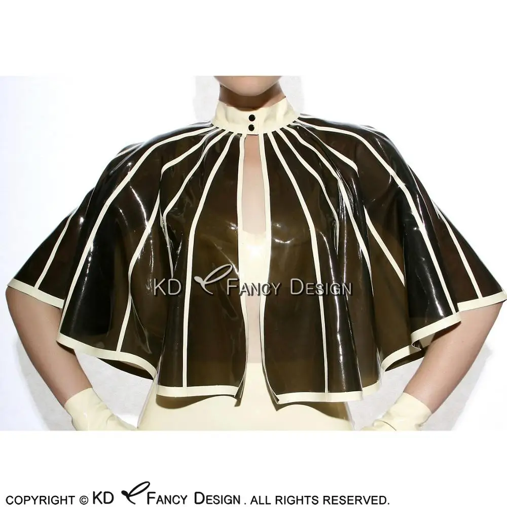 

Transparent Green With White Trims Decorations Sexy Latex Stole Cape Rubber Cloak Clothes Clothing Top YF-0051