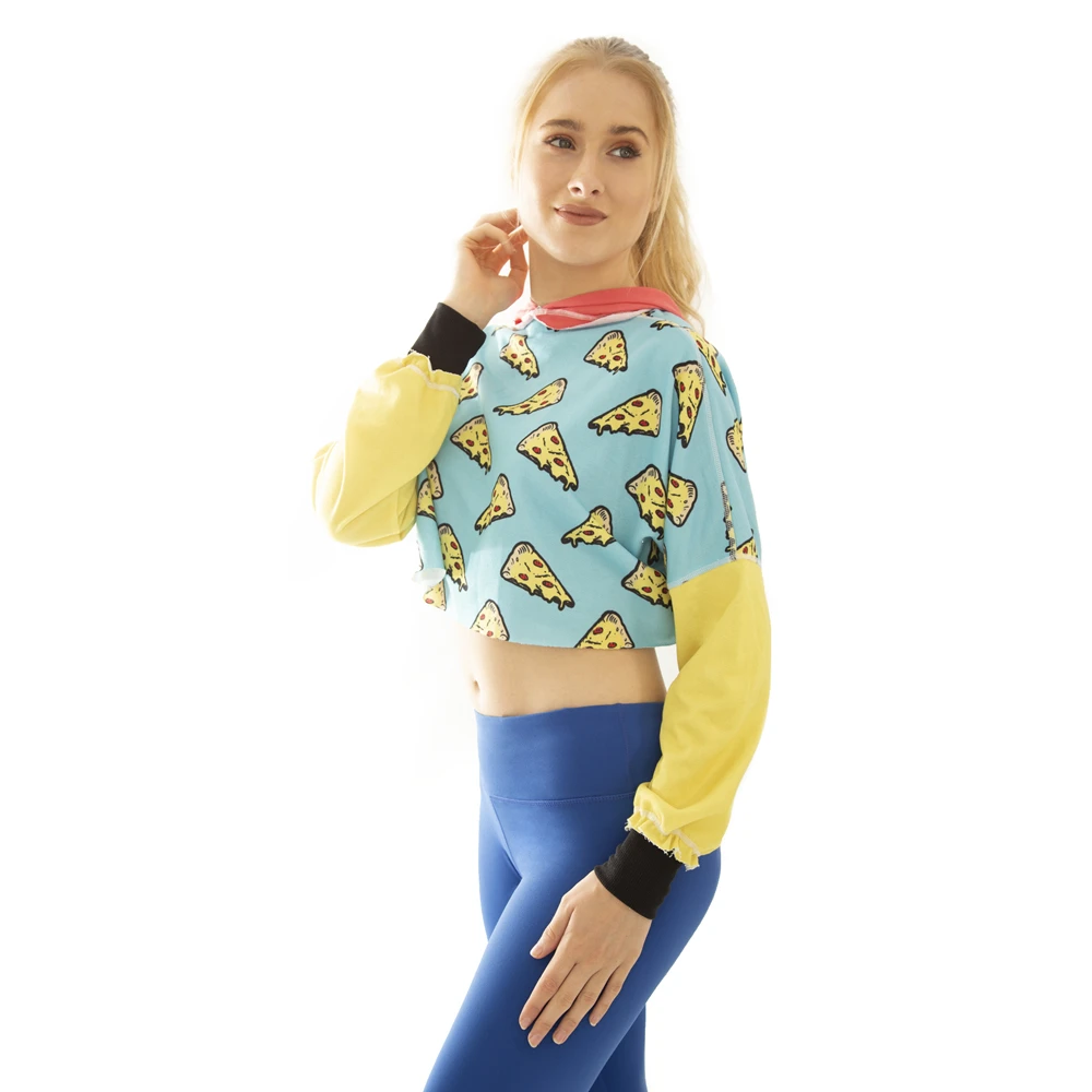 

Fashion Hooded Women Outwear Pizza Printing Sexy Short Pullover Stitching Cropped Hoodies hooded Sweatshirt