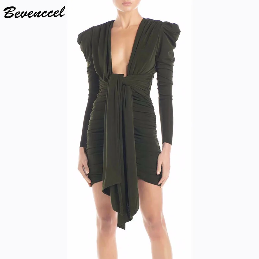 

Wholesale New Sexy Bodycon Women Dress Long Sleeve Deep V Draped Lace Up Elegant Celebrity Evening Party Dress Vestidos