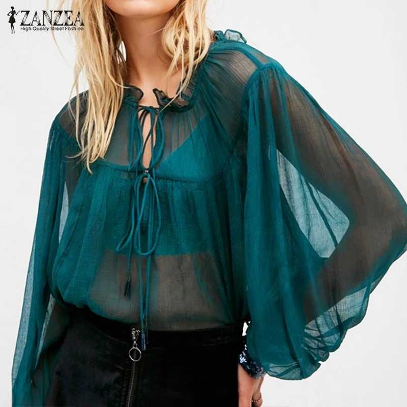 ZANZEA Сексуальная See Through Топы Повседневное свободные оборками с длинным рукавом