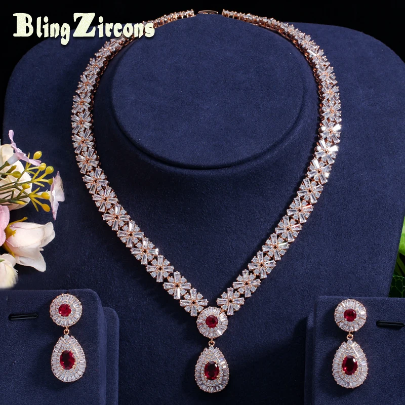 BeaQueen Luxury CZ Stone Paved Red Garnet Austria Crystal Statement Necklace Earrings for Women Wedding Jewelry Set JS059