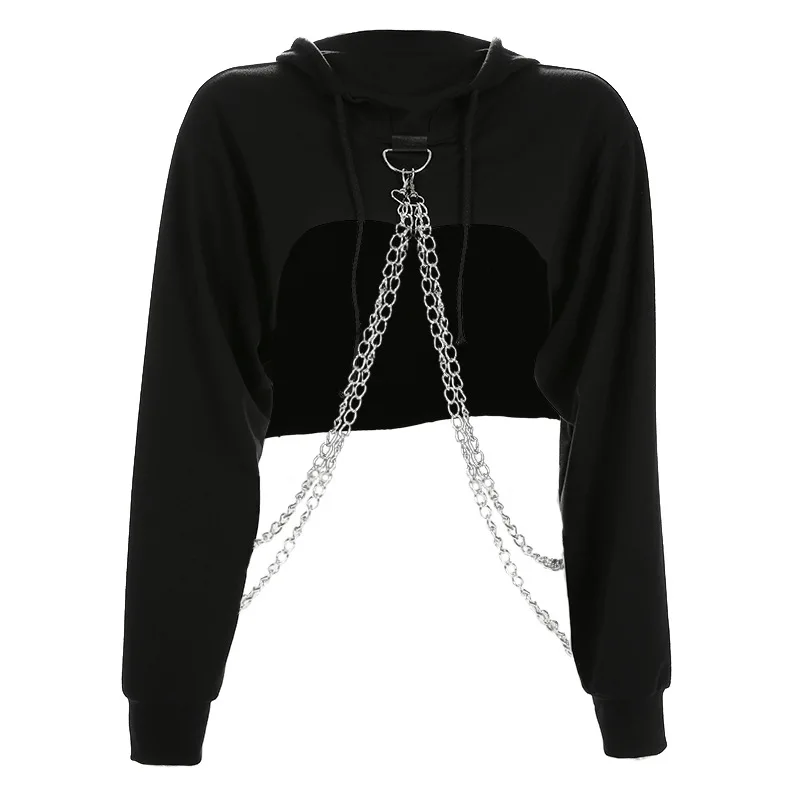 Cross border women's wear Street chain, loose short blouse, long sleeved Hooded Sweatshirt lady - Цвет: Черный