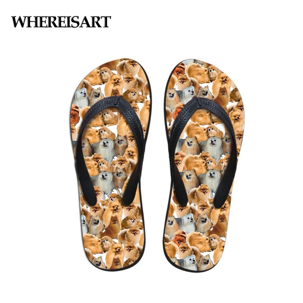 

WHEREISART Summer Women Flip Flops Cute Pomeranians Pattern Slip-on Home Slippers Woman Flats Fashion Beach Women's Shoes 2018