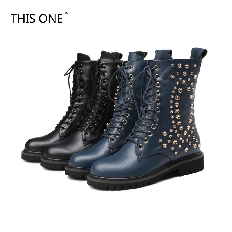 

THIS ONE Punk Genuine Leather Boots Women Rivets Square Heels Autumn Winter Ankle Boots Sexy Shoes Woman Motorcycle Snow Boots