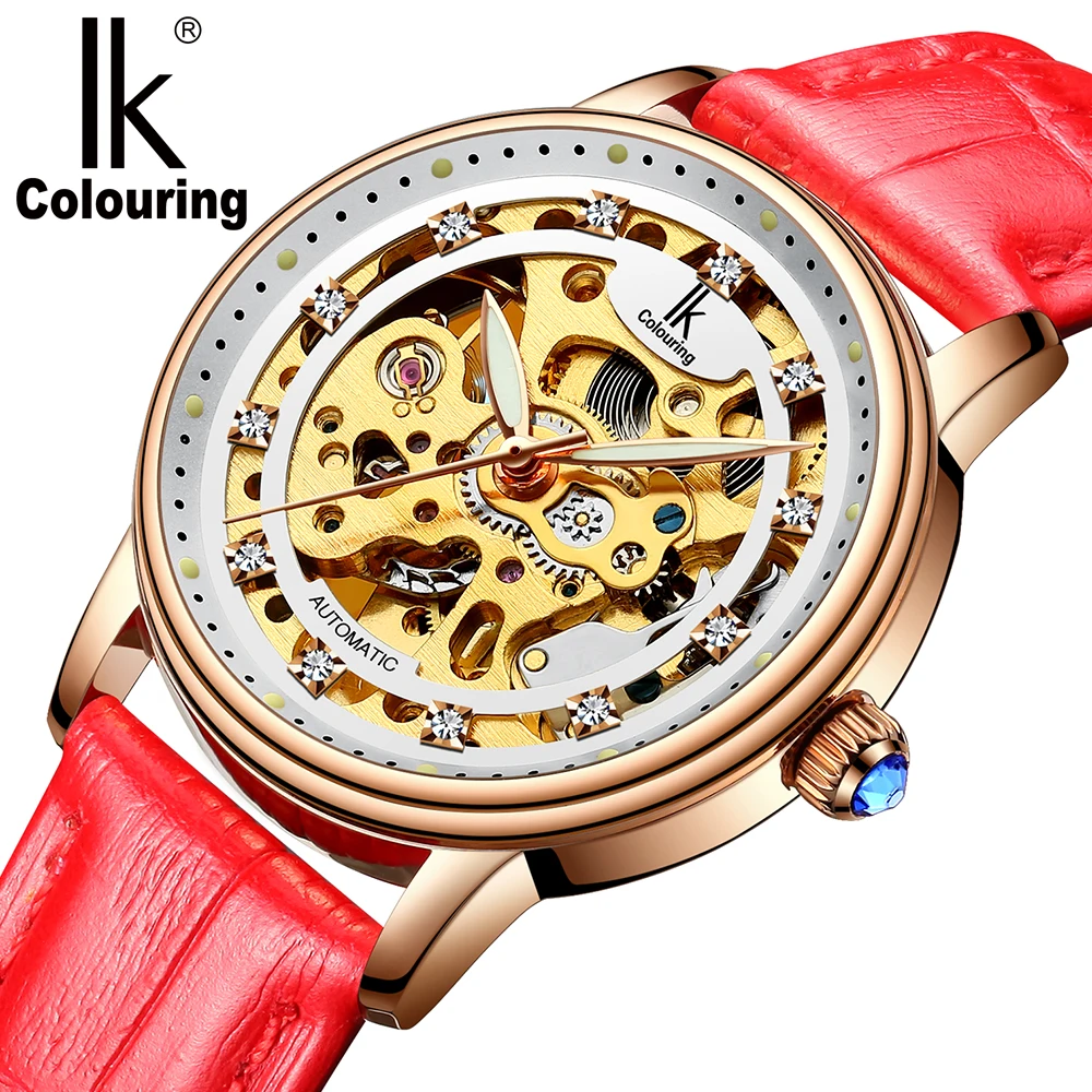 IK coloring Reloj Mujer Розовое Золото Скелет автоматические механические Роскошные Кристальные кожаный ремешок женские наручные часы