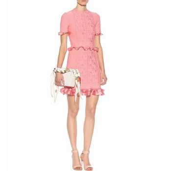 

Fashion Women Pink Short Sleeve O neck Summer 2019 Lace Patchwork Bodyocn Clubwear Celebrity Party Vestidos Wholesale