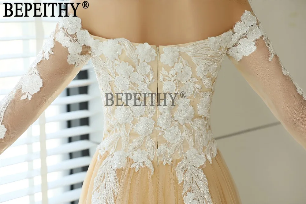 BEPEITHY vestido de festa Новый дизайн Милая с открытыми плечами Тюль Аппликации Длинные вечерние платья 2019