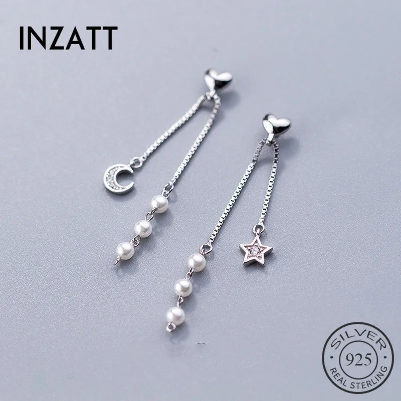 

INZATT 100% 925 Sterling silver Cute Pearl Drop Earrings For Charming Women Zircon Star Moon Elegant Tassel Fashion Jewelry