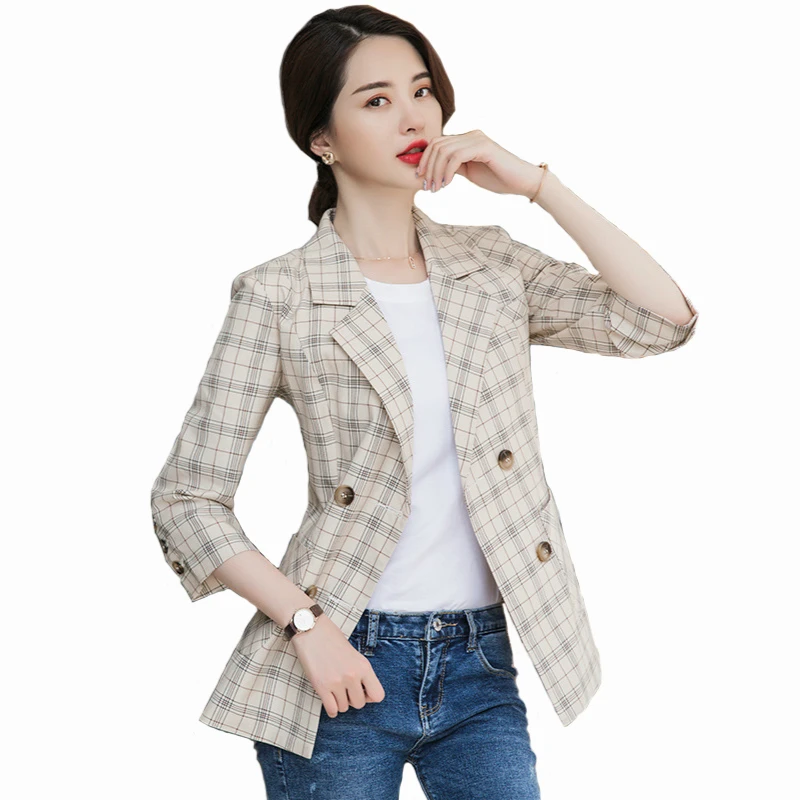 Spring Coat Women 2019 3/4 Sleeve Plaid Slim Double