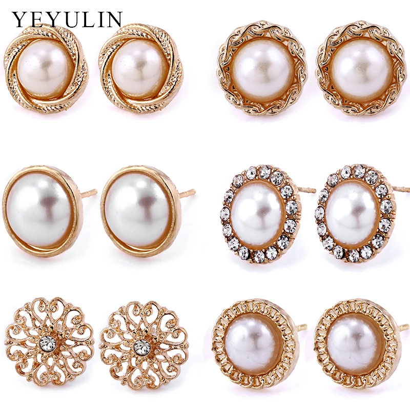 

6 Pairs Earrings Fashion Elegant Shiny Gold Colour CrystalImitation Pearl Stud Earrings Cute Super Value Earring Sets For Woman