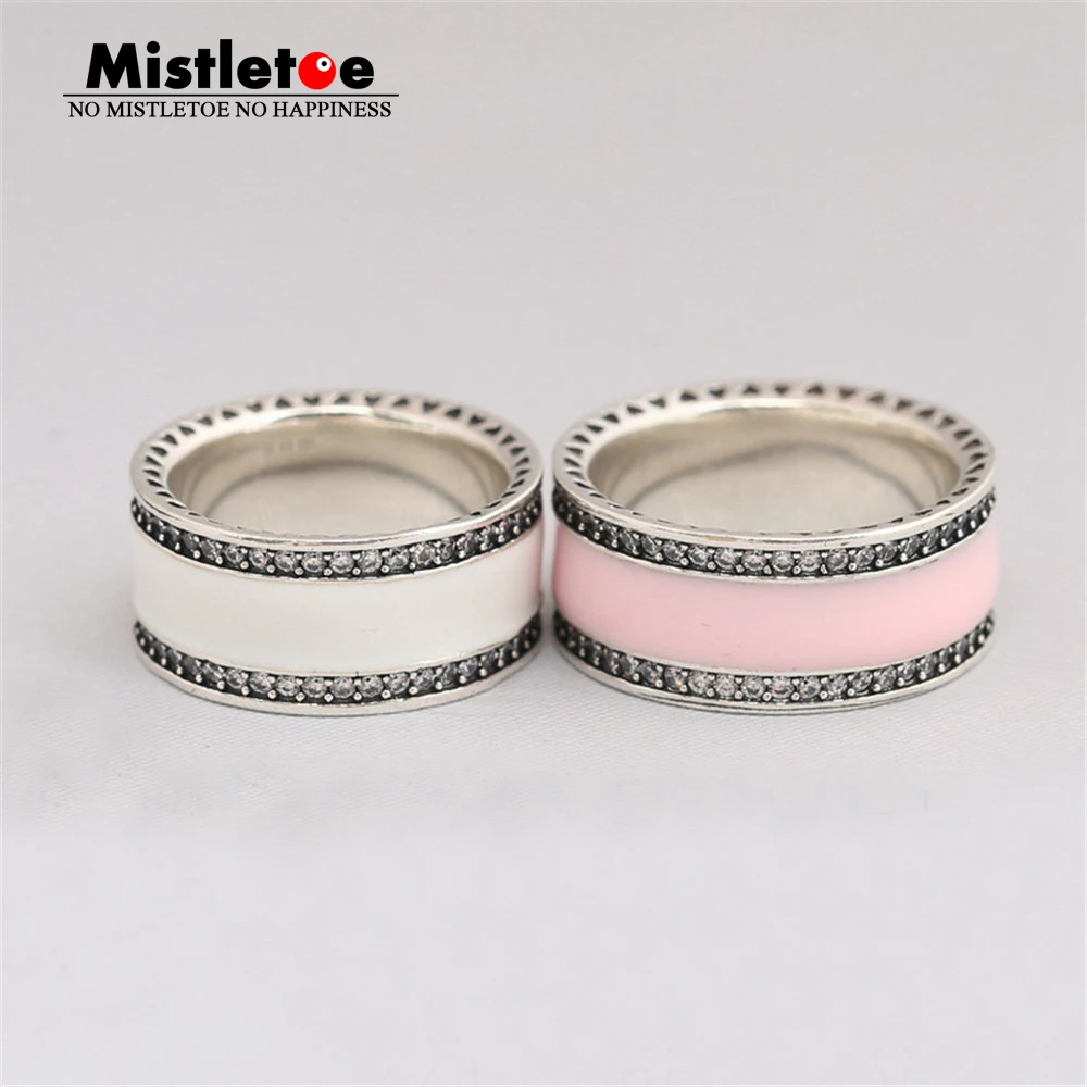 

Genuine 925 Sterling Silver Hearts of Mistletoe, Soft Pink Enamel & Clear CZ Ring Compatible with European Women Jewelry