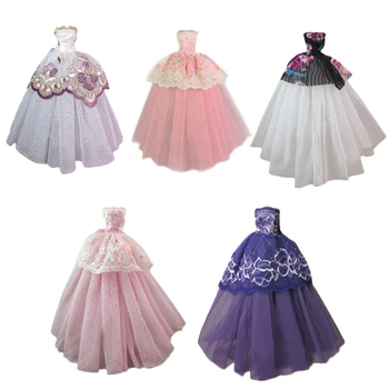 

Besegad 5PCS Mini Doll Long One-shoulder Bridal Wedding Gauze Dresses Lace Princess Evening Bubble Dress Clothes for Barbie Toys