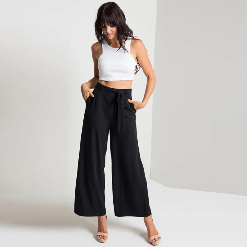 

Women Orange Wide Leg Chiffon Pants High Waist Tie Waist Trousers Palazzo OL Pants Long Culottes Pants Long Trousers Spring New
