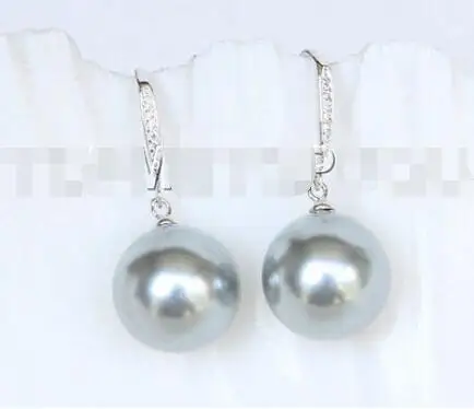 

Free Shipping >> Drop WOW Dangle 14mm round light gray south sea shell pearl Earring 925 silver hook E4115