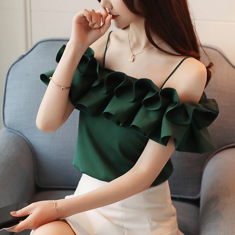 

New 2018 Fashion Women Blouse Chiffon Shirt Sexy Slash Neck Shirt Strapless Off Shoulder Ruffles Feminine Blouses Ladies Tops