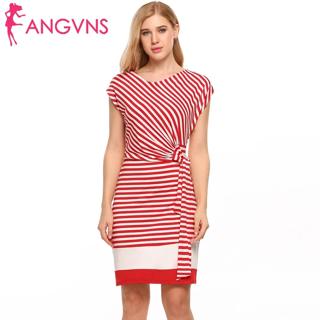 ANGVNS Women's Cap Sleeve Striped Side Draped Tie Belt Slim Fit Sheath