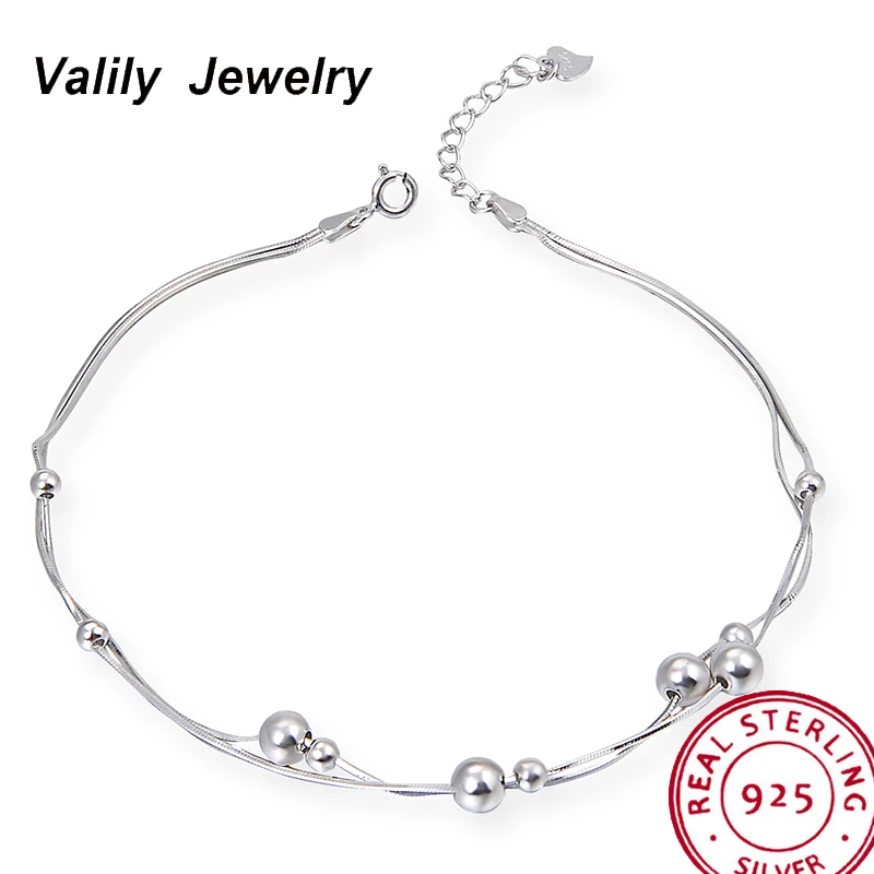 

Valily 100% Real 925 Anklets Bracelet for Women Fashion Simple Round Bead Chain Foot Bracelet Jewelry Summer Vacation Jewelry