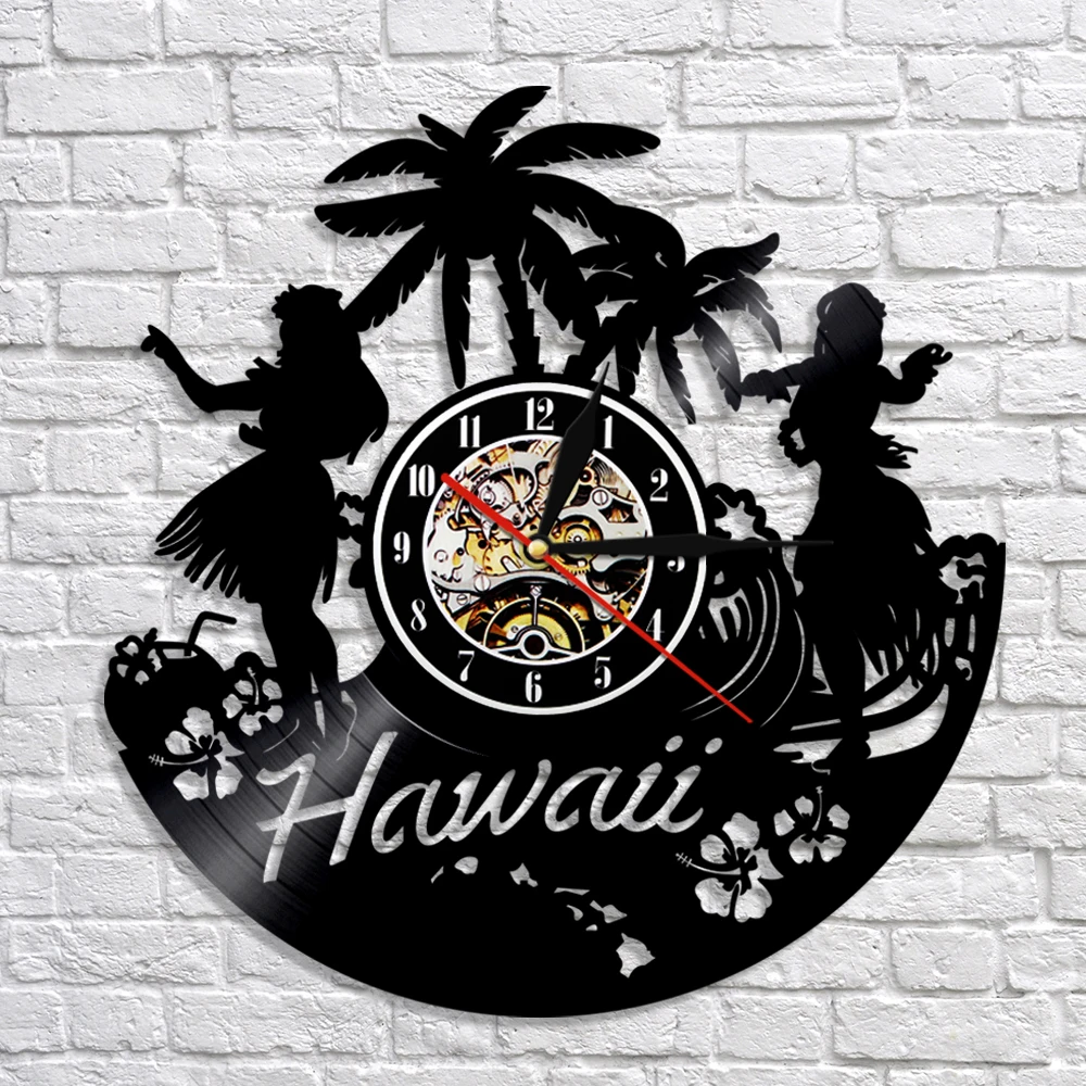 1Piece USA Hawaii Vinyl Record Wall Clock Summer Time Hawaii Cityscape
