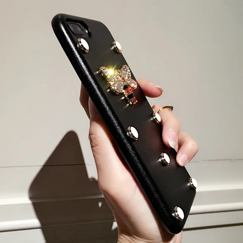 Aoweziic Fashion For iPhoneX XS MAX XR 7 8Plus 6 6S Plus Kawaii DIY Bling Glitter Exquisite Crystal Bee Soft Leather Phone Cases