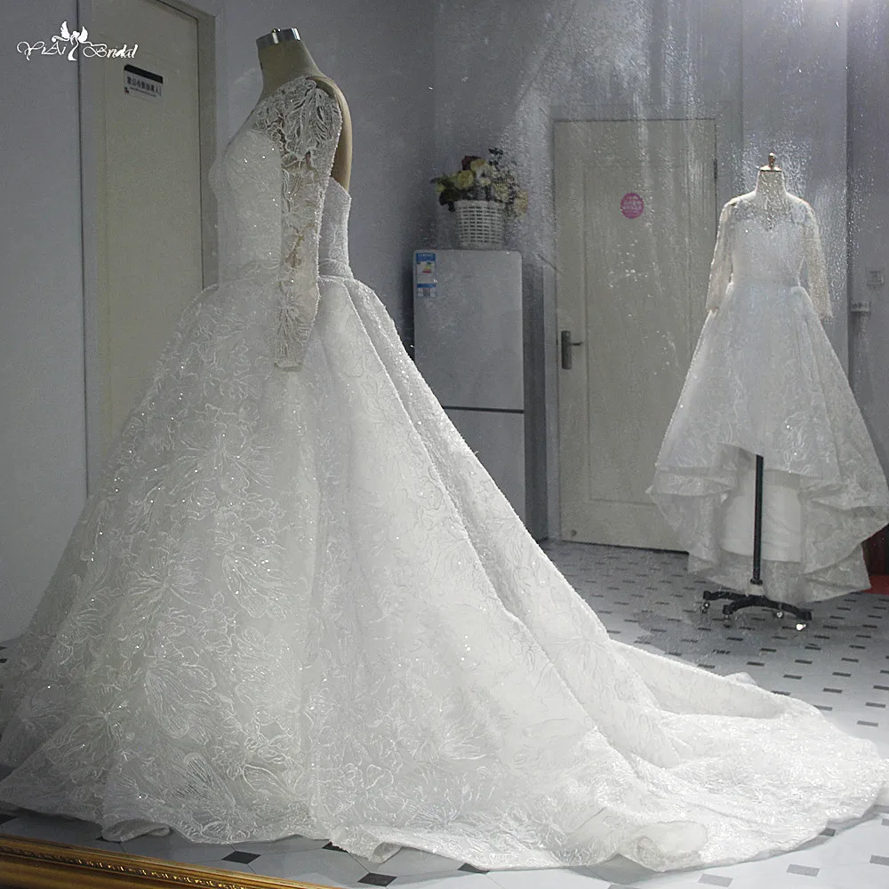 RSW459 Luxury Beaded Long Sleeves Ball Gown Lace Flower Wedding Dress (6)