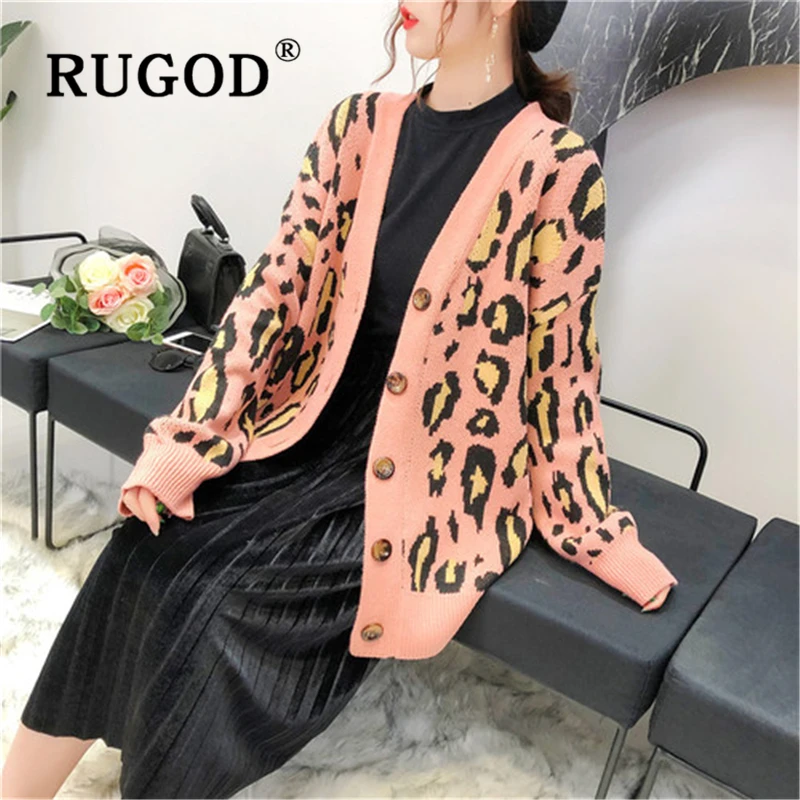 

RUGOD Vintage new women leopard knitted Cardigan Fashion single-breasted auturm ladies sweaters Winter sweater and coats female