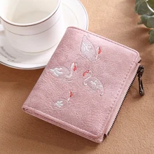 Women's wallet Korean version of hand-embroidered white swan wallet card bag purse Scrub leather wallet flamingo wallet