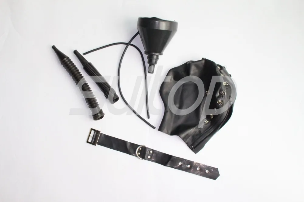 

Free shipping! Unisex latex hoods with-pipe black tobacco pipe mask(includeing belt)