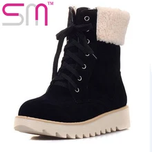 Big Size 34-43 Thick Fur Keep Warm Lace Up Snow Boots Fashion Fur Charm Wedges Skid Proof Flats Sole Platform Winter Shoes Woman