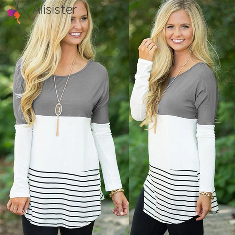 

Striped Lace Patchwork Curved Hem Womens Tee Shirts Autumen Women T Shirt Casual Ladies Black Coffee Long Sleeve Tops S-5XL