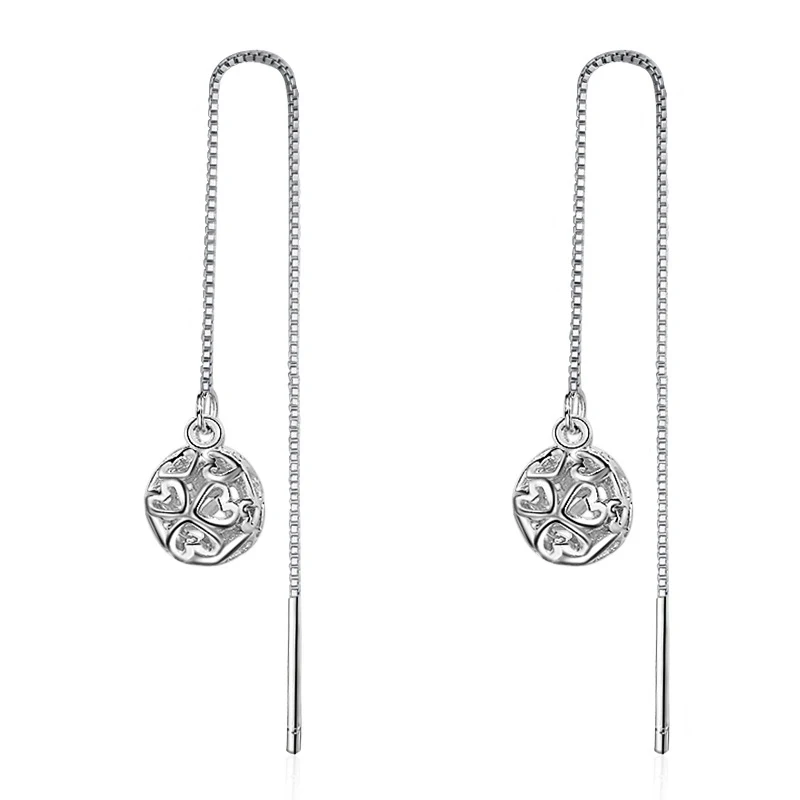 925 Silver Hollow Ball Hanging Earrings Women Long Chain Ear Wire