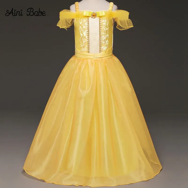

Girl Cartoon Fancy Dress Kid Yellow Off-Shoulder Princess Party Dress Beauty and The Beast Cosplay Costume Kids Long Dress