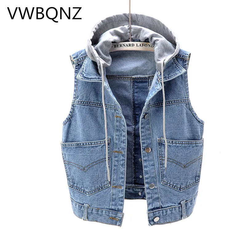 

2019 Spring Autumn Short Women Denim Jacket Loose Sleeveless Outerwear Detachable Hooded Jeans Jacket Vintage Casual Denim Top
